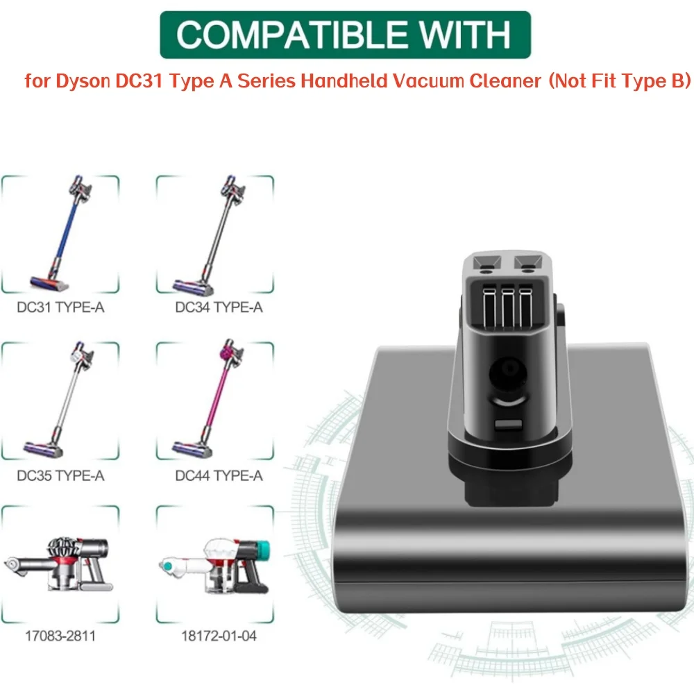 

Для Dyson 917083-01 Аккумулятор 2025 НОВЫЙ (тип A) 22,2 В 6000 мАч литий-ионный для пылесоса для животных DC31/DC34/DC35/DC44/DC45.