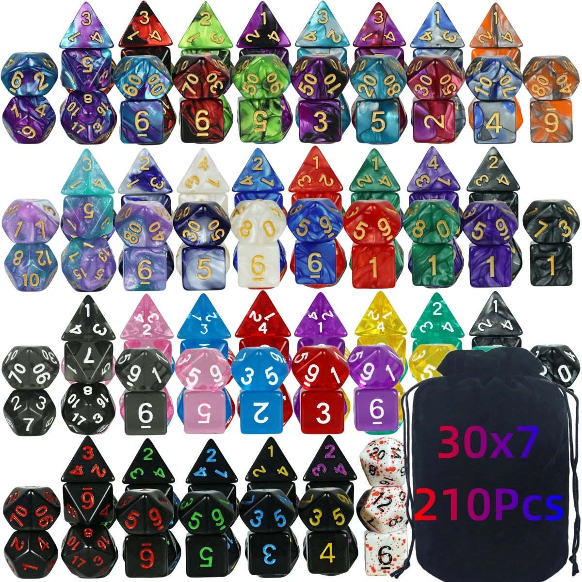 

210 Pcs Multicolour Dice Set Polyhedral RPG DND Role Playing Dragons Board Game Multiple Dice with Bag