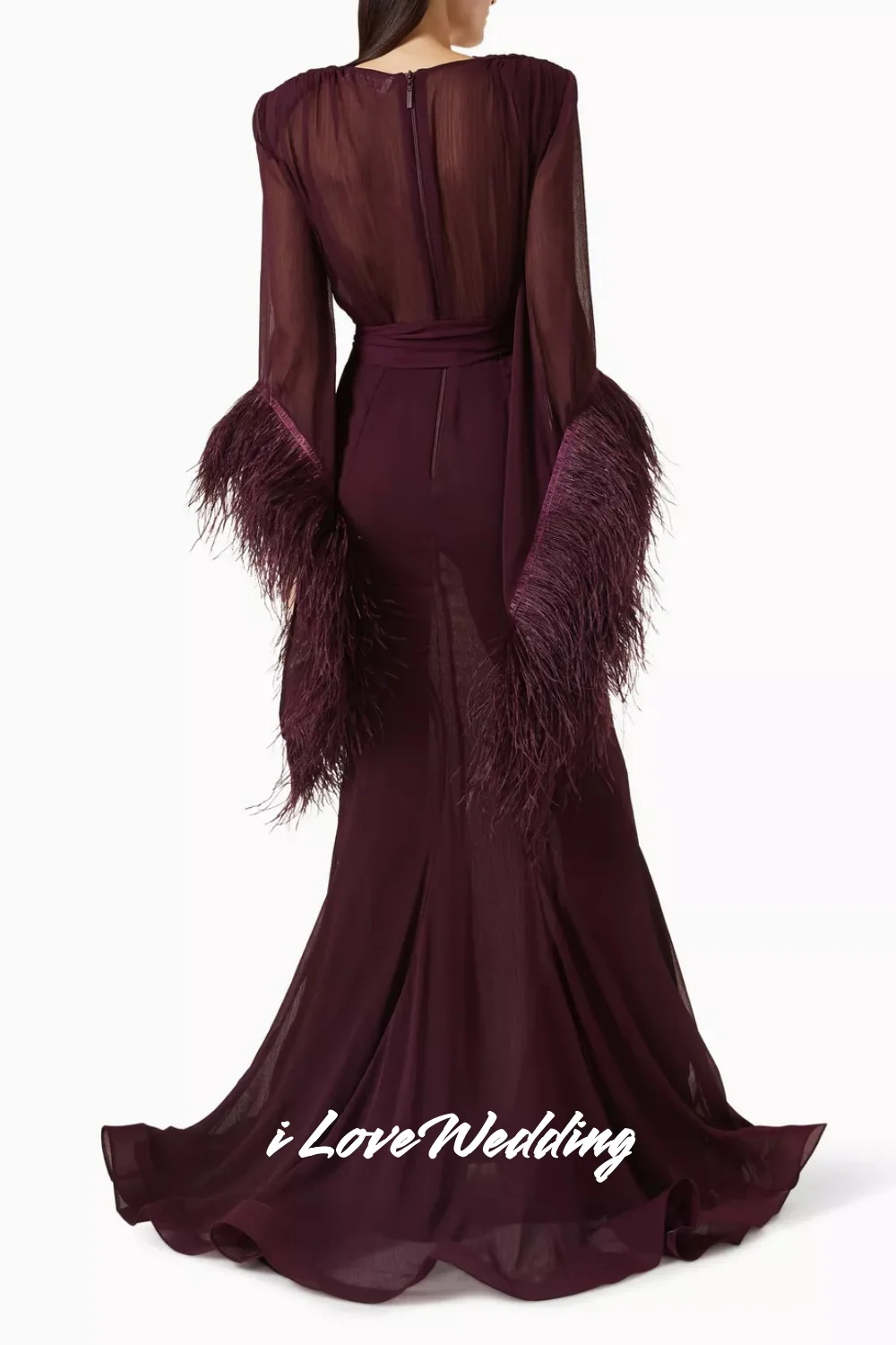 Vinho tinto com decote em v vestido de noite 2025 chiffon manga longa pena sereia até o chão elegante plissado vestido de festa de casamento customiz