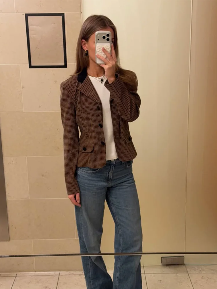 

Brown Slim Fit Jacket Flip Collar Women's Single Breasted Checkered Long Sleeved Coat Daily Commuting Office Leisure Style