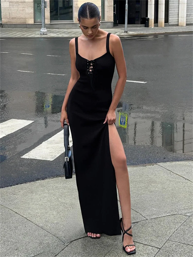 

Tossy Black Hollow Out Sexy Maxi Dress For Women Backless Slim High Waist See-Through Strapless Party Dress Bandage Long Dress