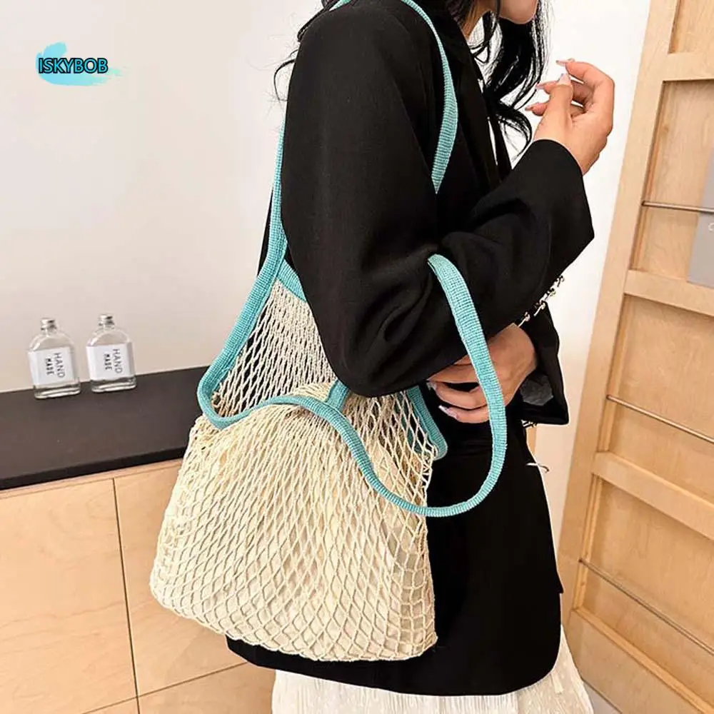 Polyester Hollow Woven Shoulder Bag Large Capacity Edge Covering Knitting Handbags Pockets Breathable Summer Beach Tote Bags