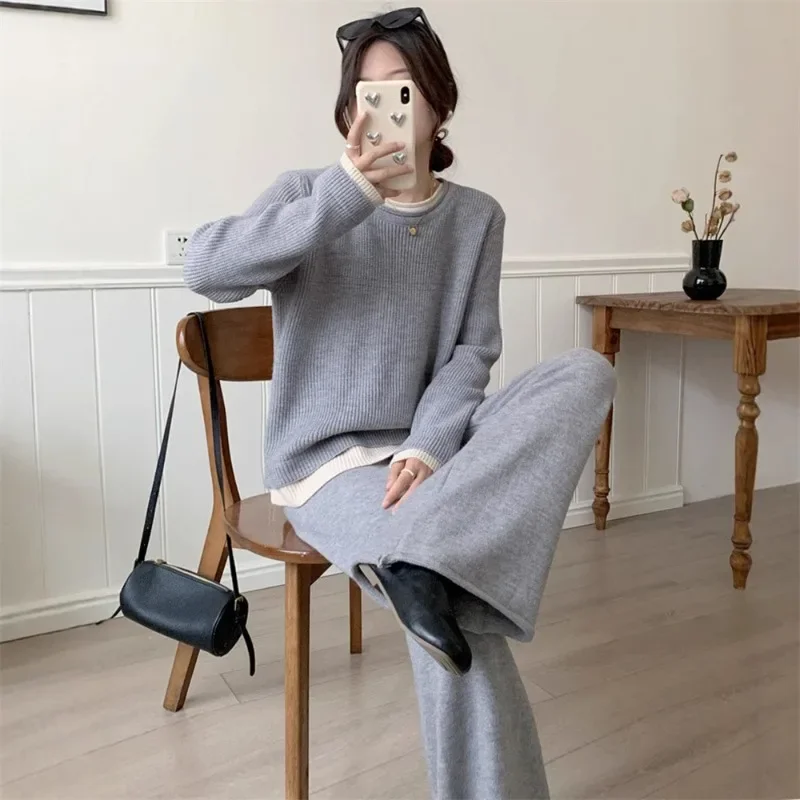 

Korean Version of Casual Fake Two-piece Sweater Top Set Women's Autumn Winter New Loose-knit Wide-leg Wide Two-piece Set Women's
