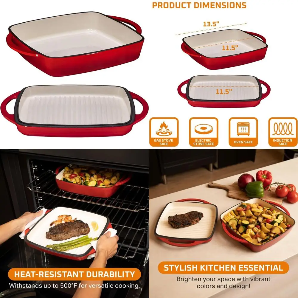 

Red 2-in-1 Cast Iron Dutch Oven with Enamel Coating, Dual-Handle Baking Pan and Griddle Lid for Cooking Bacon, Steaks