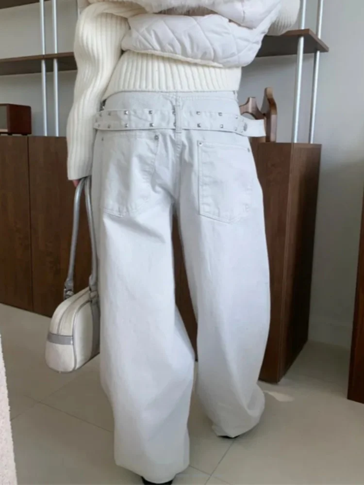 리벳 장식 와이드 레그 청바지 여성용 하이웨이스트 벨트 바 퍼스널리 겨울 신상 슬레 출퇴근 스타일 순수 전자상거래 중국 ...