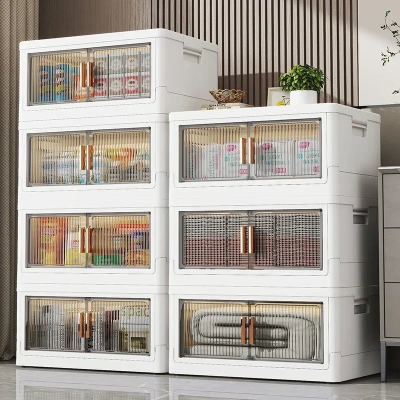 Multifunctional folding storage box transparent plastic storage cabinet with pulleys for household storage of groceries and clot