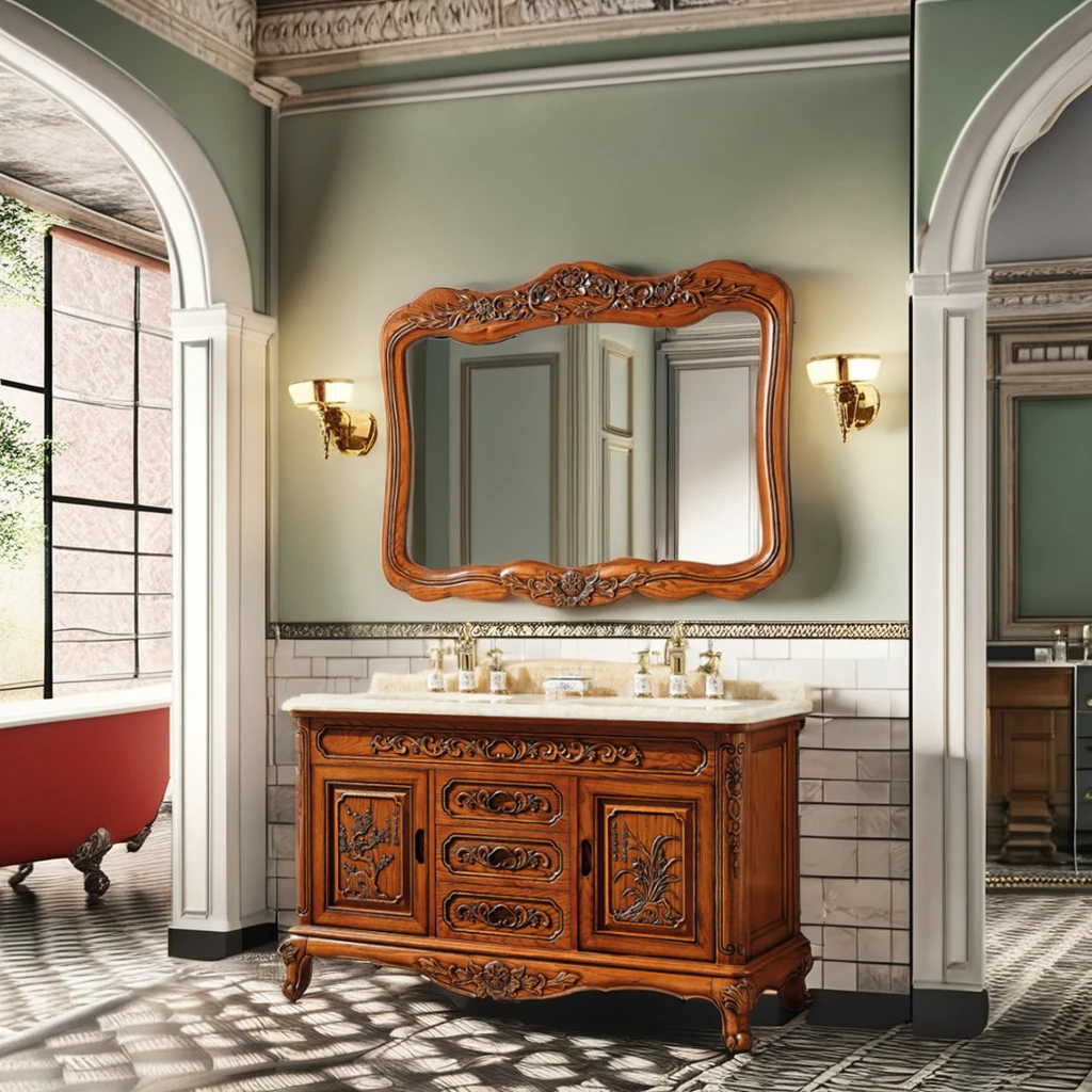 European Style Solid Wood Bathroom Vanity Cabinet Lacquered Carcase Stable Mirror Eco-Friendly Water Resistant Villa 5-Year