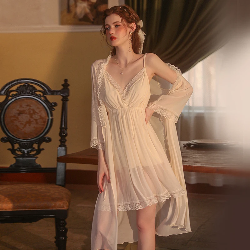 

Lace Gauze Perspective Temptation Deep V Suspender Nightdress Robe Women's Homewear Bathrobe Sexy Lingerie Pajama Nightgown