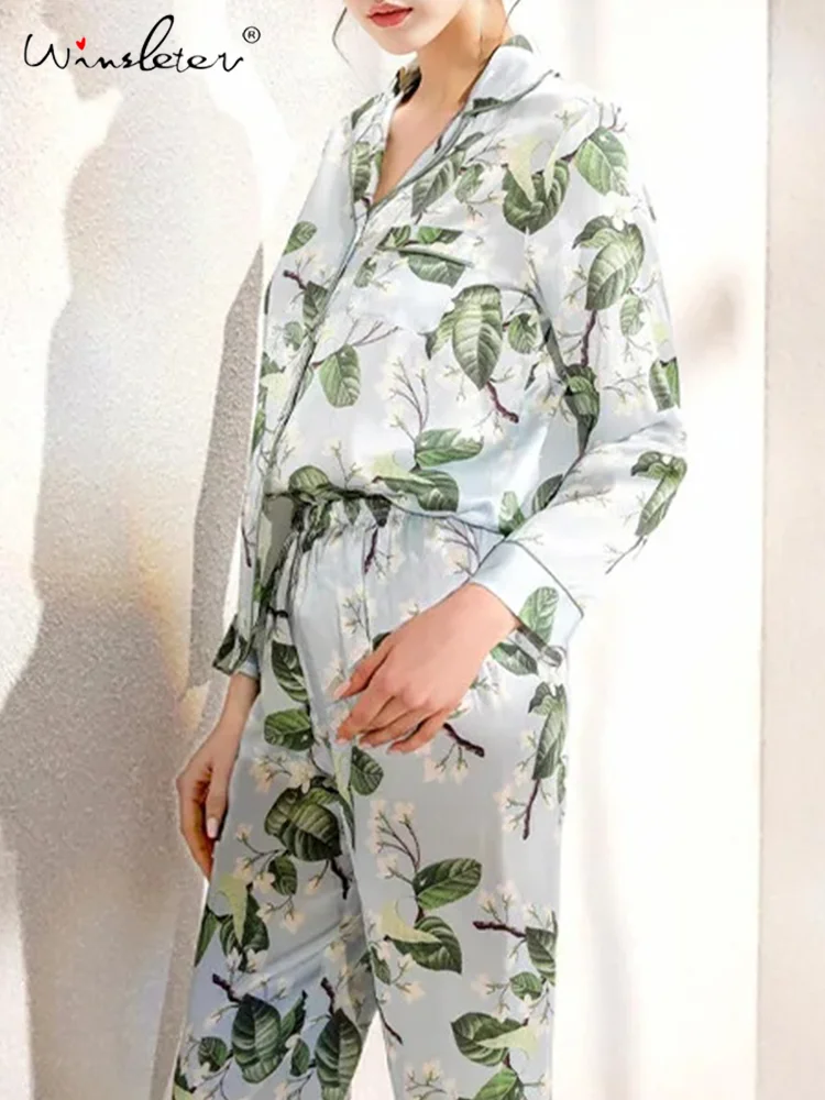 

Winsleter Women Long Sleeve Pants,16MM 100%Real Silk Pajama Set,Comfortable Floral Elegant Homewear,2024 Summer New S550148QM