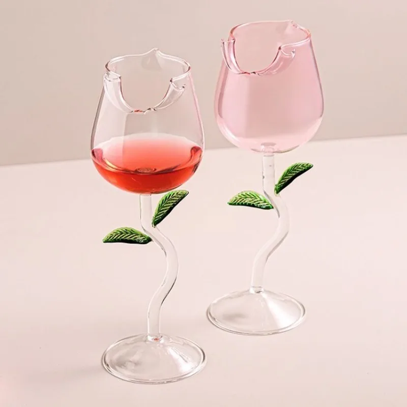 Copa de Vino Creativa en Forma de Rosa con Tallo Curvo y Decoración de Hojas para una Mesa Romántica, Vidrio Resistente al Calor