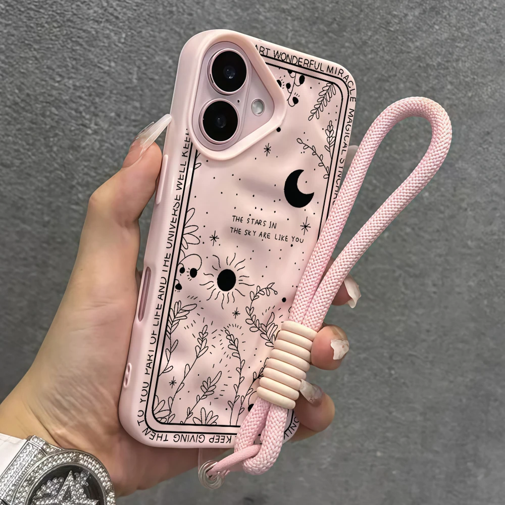 Retro-Muster Mond-Stern Falten-Silikon-Handyhülle für iPhone 17 15 13 11 12 14 16 17 Pro Max 14 15 Plus Air mit Lanyard-Abdeckung – Detail 8