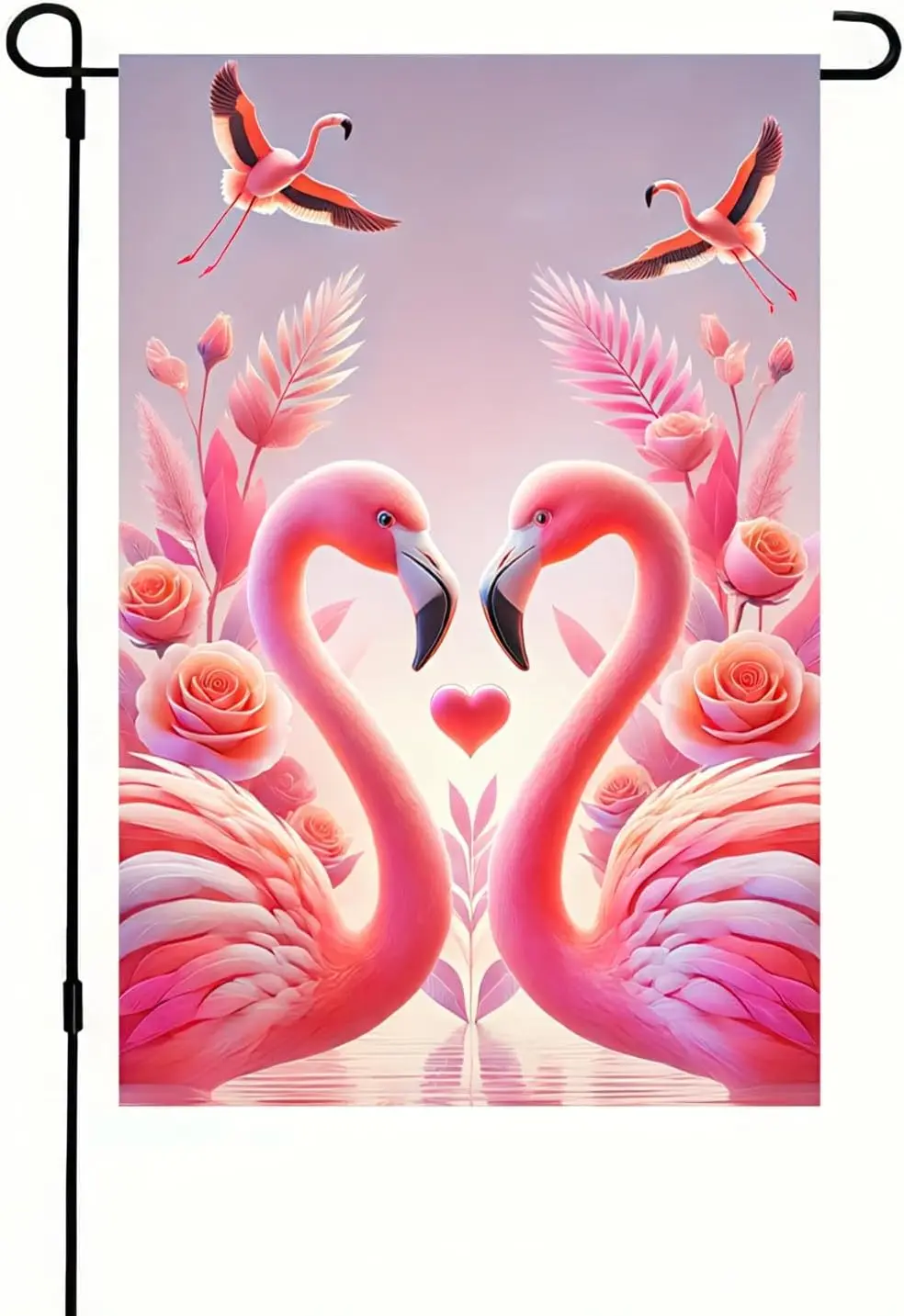Valentine’s Day Flamingo Garden Flag 12x18 Inch Double Sided Love Flamingo Heart Floral Design Small Outdoor Yard Flag Roman zzo