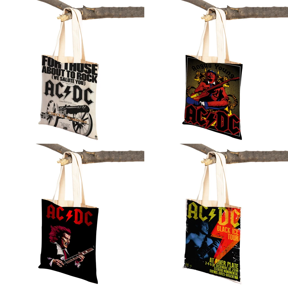 Canvas Women Shopper Bag AC DC Band Art Lady Shopping Bags Classic Rock Team Reusable Foldable Eco Cartoon Travel Tote Handbag