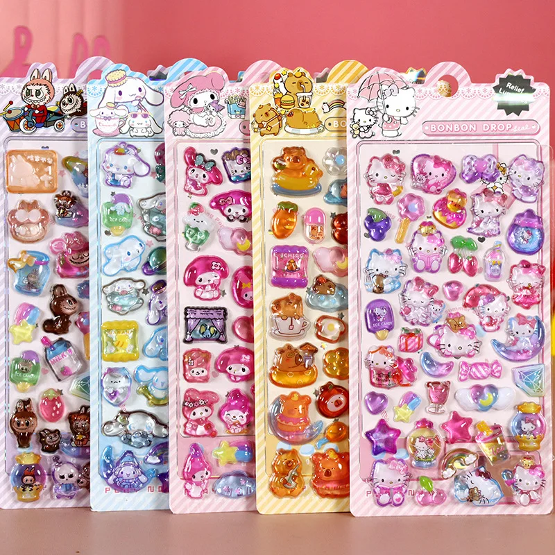 4 Uds. De pegatinas de Anime Sanrio, pegatinas de cristal en relieve 3D de Hello Kitty Kuromi para fundas de teléfonos móviles y otros artículos, decoración bonita