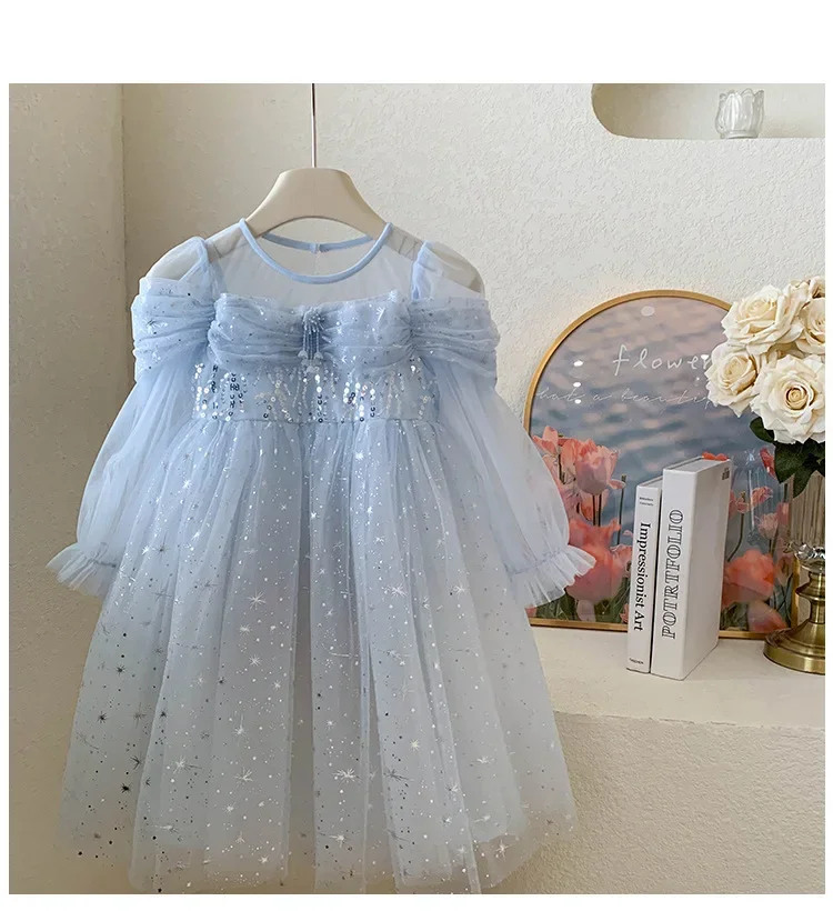 Kid Girl Light Blue Princess Dress Off Shoulder Puff Sleeves Sparkling Sequin Bodice Dreamy Star Sprinkled Tulle children Skirt