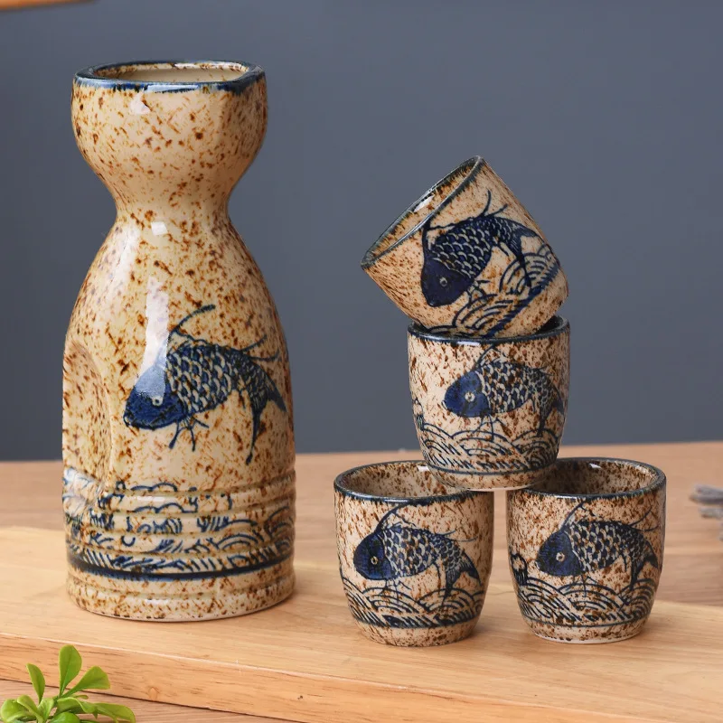 Japanese Underglaze Color Ceramic Sake Set Hand Painted Sake Bottle Warm Wine Cup For Sushi Bar Home
