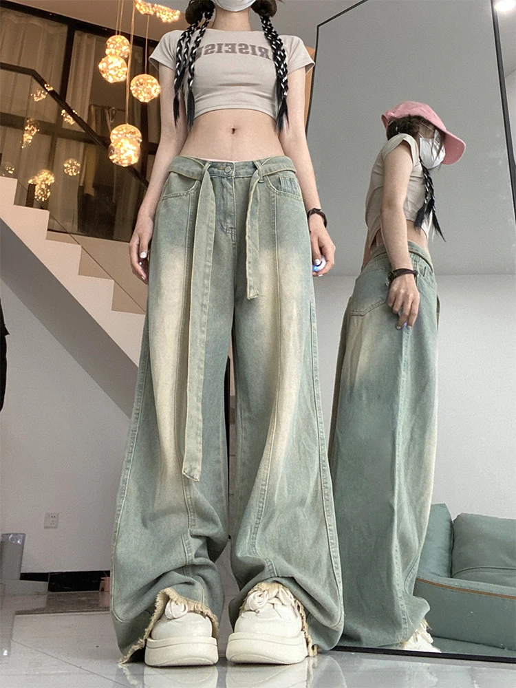 Lace-up Jeans Women Vintage Frayed Wide Leg Autumn Loose European Style Retro Full Length Fashion Streetwear Washed 2023 Pocket