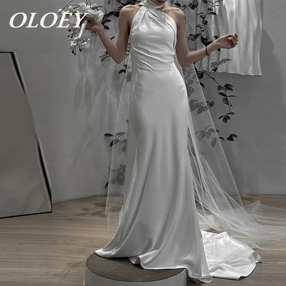 

OLOEY Elegant Halter Mermaid Wedding Dresses Customized Silk Satin Korea Bridal Gowns Court Train Back Photo Shoots