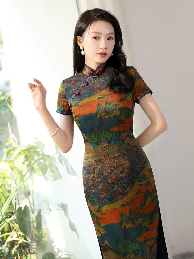 

Шелковое платье Ele Long, ручной работы, винтажное, повседневное, с высоким разрезом, для женщин 20-х и 30-х лет