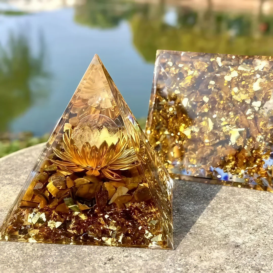 1 Tiger Eye Stone and White Crystal Orgone Pyramid - Elegant Golden Decoration,  Holiday Gift