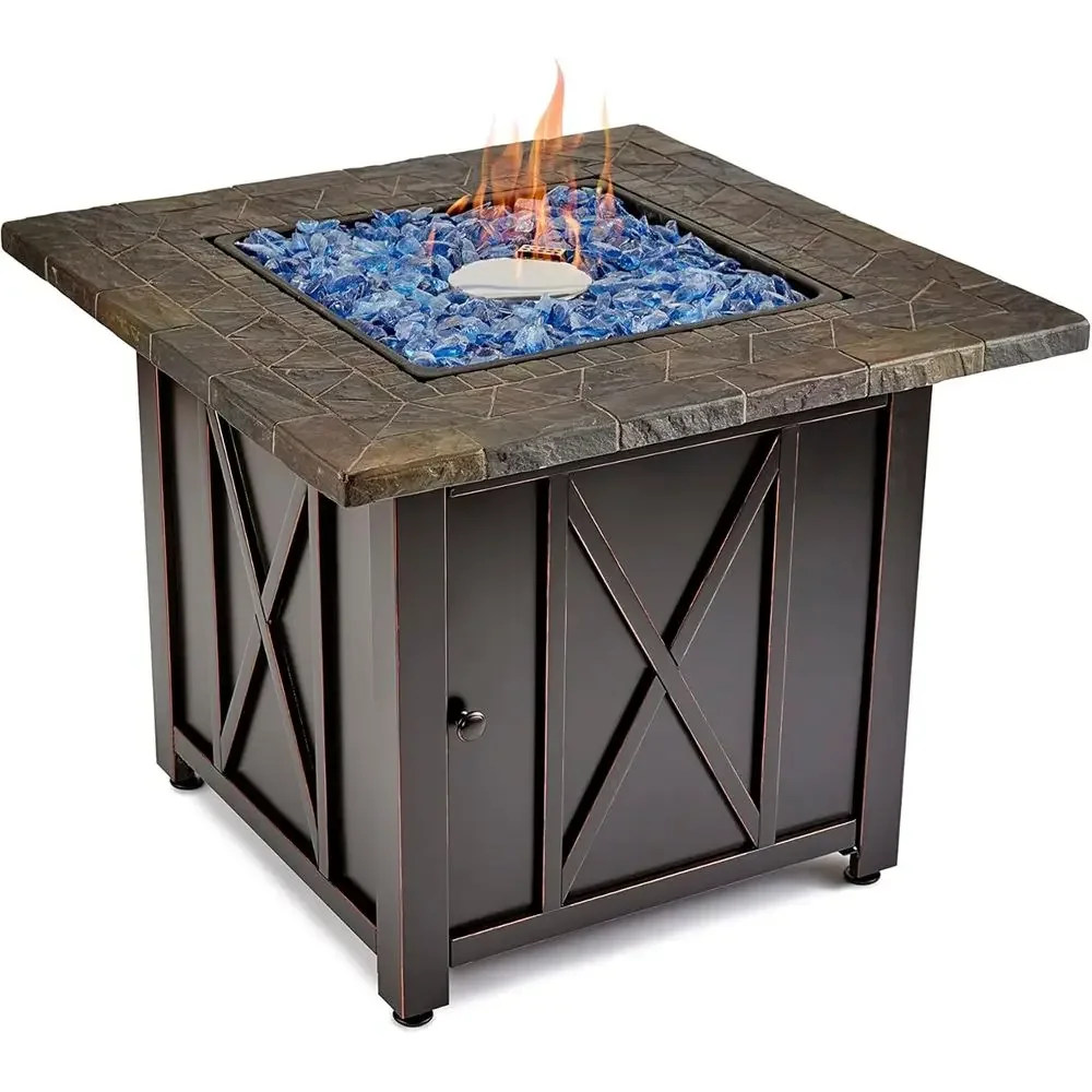30 Inch Square Propane Gas Outdoor Fire Pit Table with Push Button Ignition, Blue Fire Glass, and Steel Fire Bowl in Bronze Fini