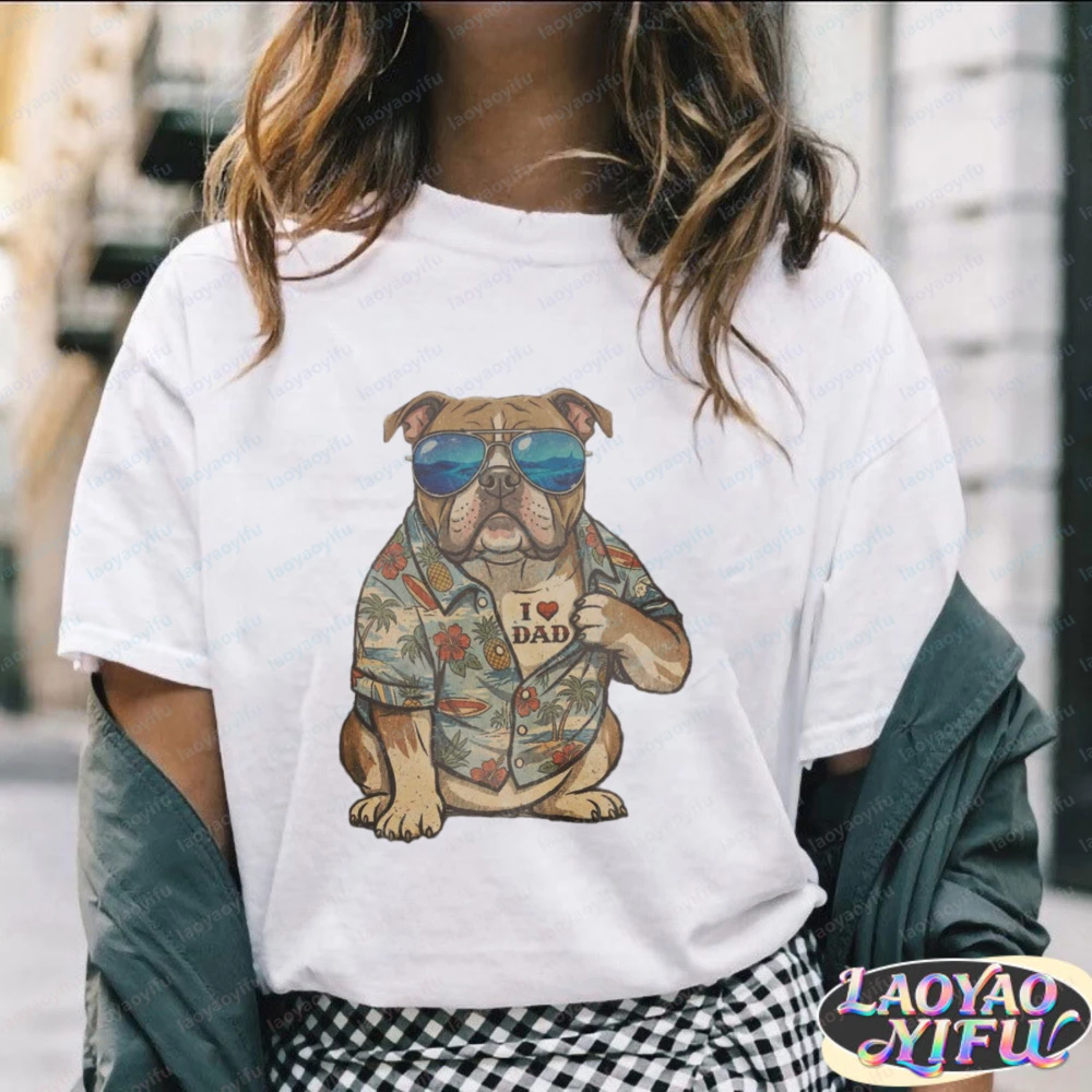Bulldog Dad Art Cotton Tee Tropical Shirt Bulldog Father Tattoo T-Shirt Summer Vintage Classic Fashion Streetwear Men's Clothing