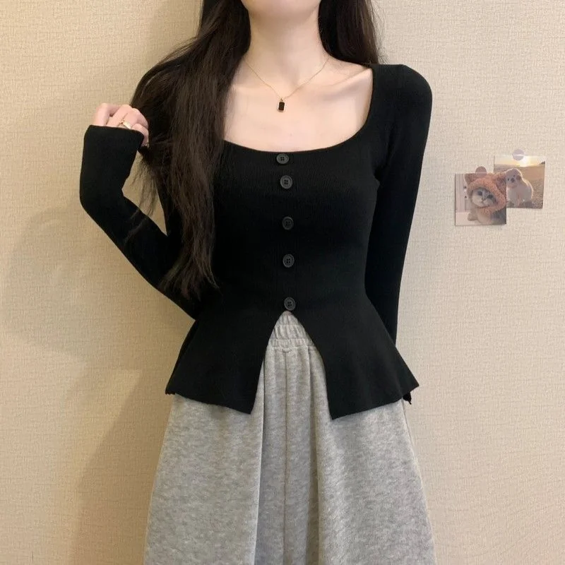 Button Square Collar Sweater Women Korean 2024 Autumn Winter Casual Slim Fit Long Sleeve Knitted Pullovers Jumpers Top Female