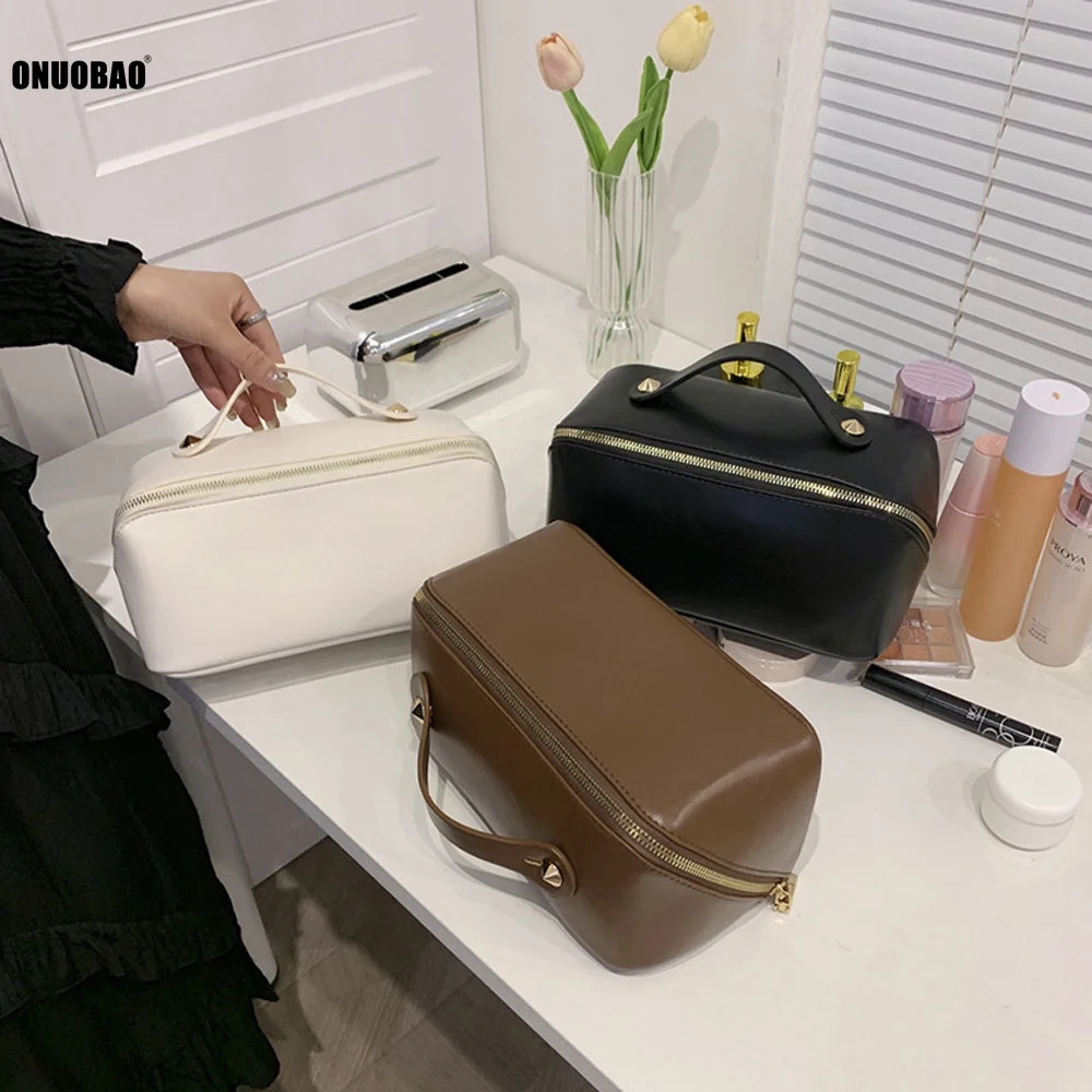 Upgrade Full Leather Makeup Bag for Ladies Luxury Organ Pillow Bag PU Cosmetic Bag Large Travel Bag