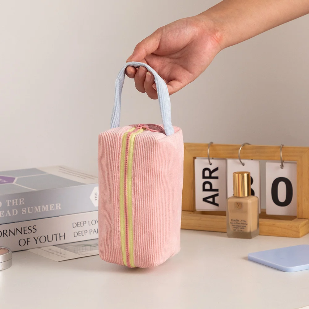 Bolsa de maquillaje de pana de Color sólido para mujer, bolsa de cosméticos portátil de viaje, bolsa de almacenamiento de artículos de tocador, monedero organizador