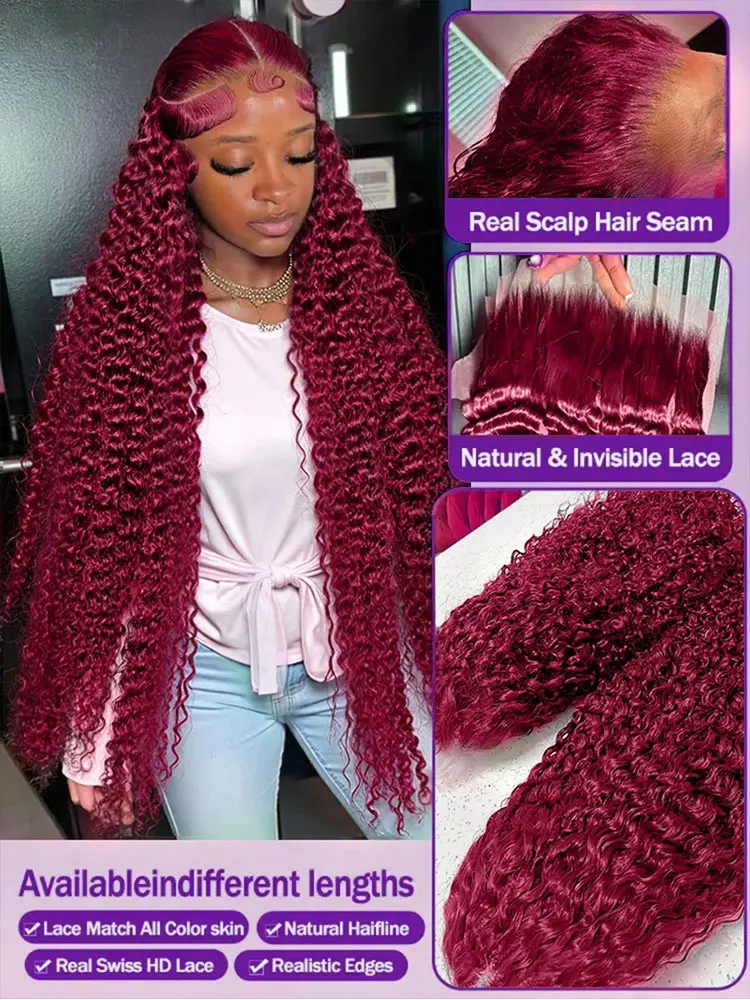 250% Density Burgundy 13x4 HD Lace Frontal Human Hair Wig 99j Water Wave Deep Wave Colored Wigs Brazilian Human Hair  Lace Wigs image 4