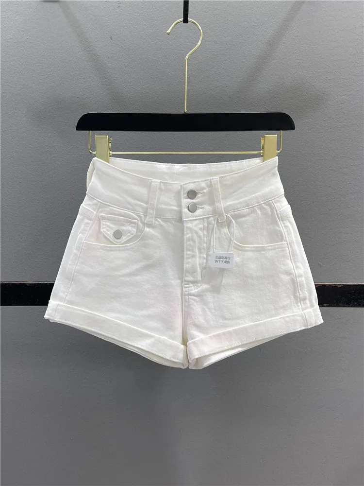 High Waist Cuffed Denim Shorts Women's Summer Slimming Elastic A-Line Wide Leg Hot Pants Casual Cotton Stretch Denim
