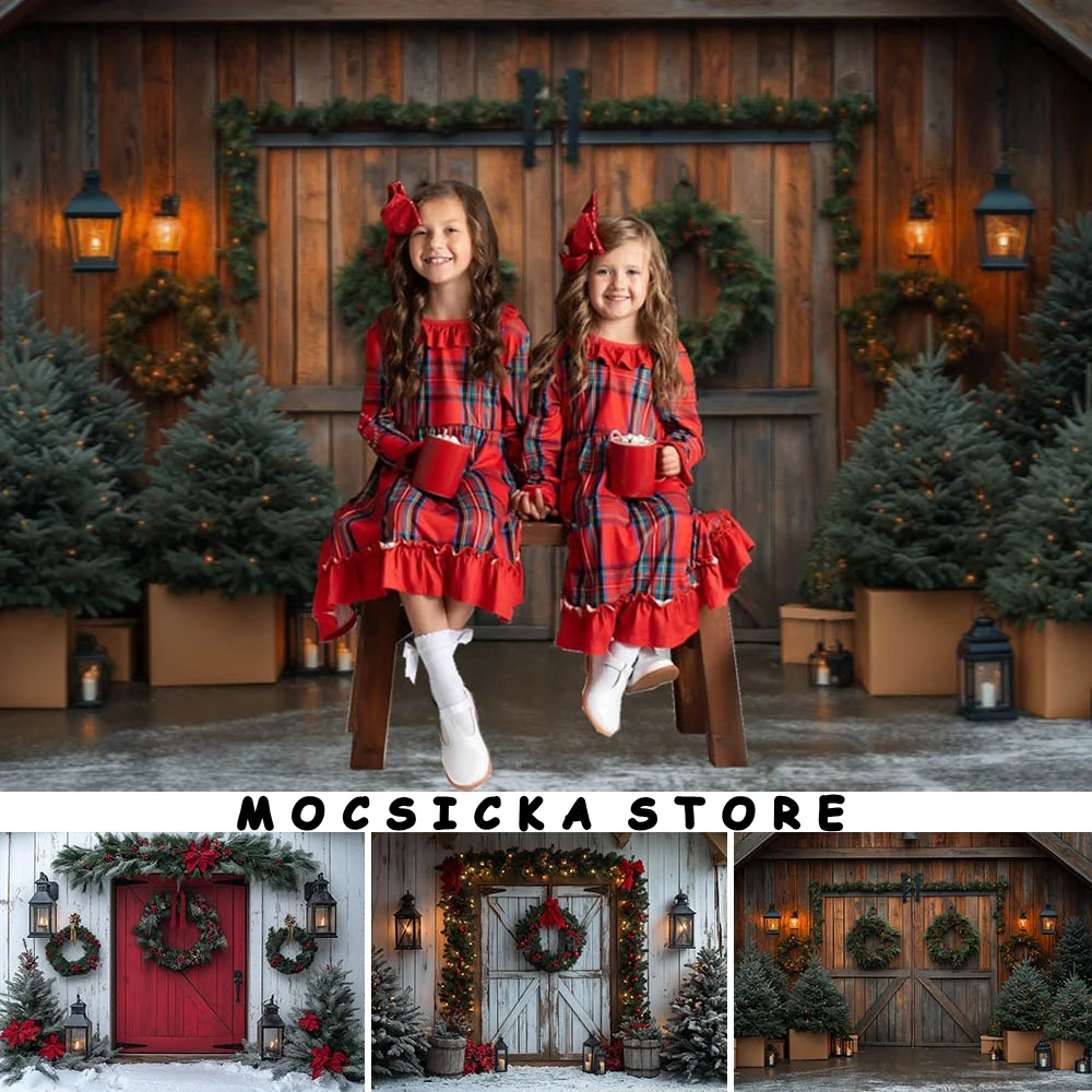 

Mocsicka Winter Outdoor Wooden House Backdrop for Photography Snow Pine Tree Wreath Kid Portrait Photo Background Shooting Props