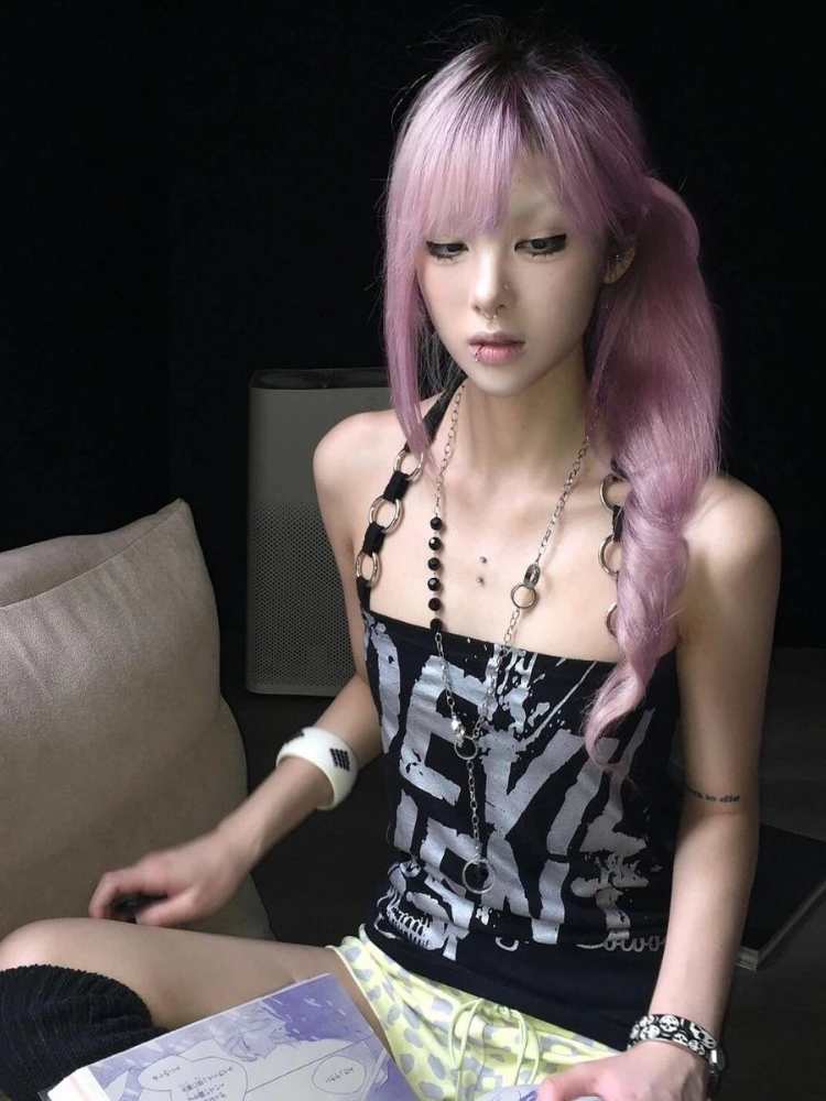 قطع علوية مثيرة للسيدات ملابس الشارع الشهير Y2k جمالية بدون أكمام رسن عتيق بدون ظهر تي شيرت قصير غير رسمي صيفي