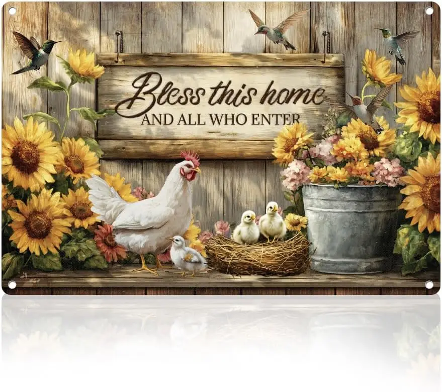 Farmhouse Chicken Coop Retro Wall Decor Metal Tin Sign 8 x 12 Farm Hen Hatching Sunflower Vintage Wall Art Poster for Farmhouse