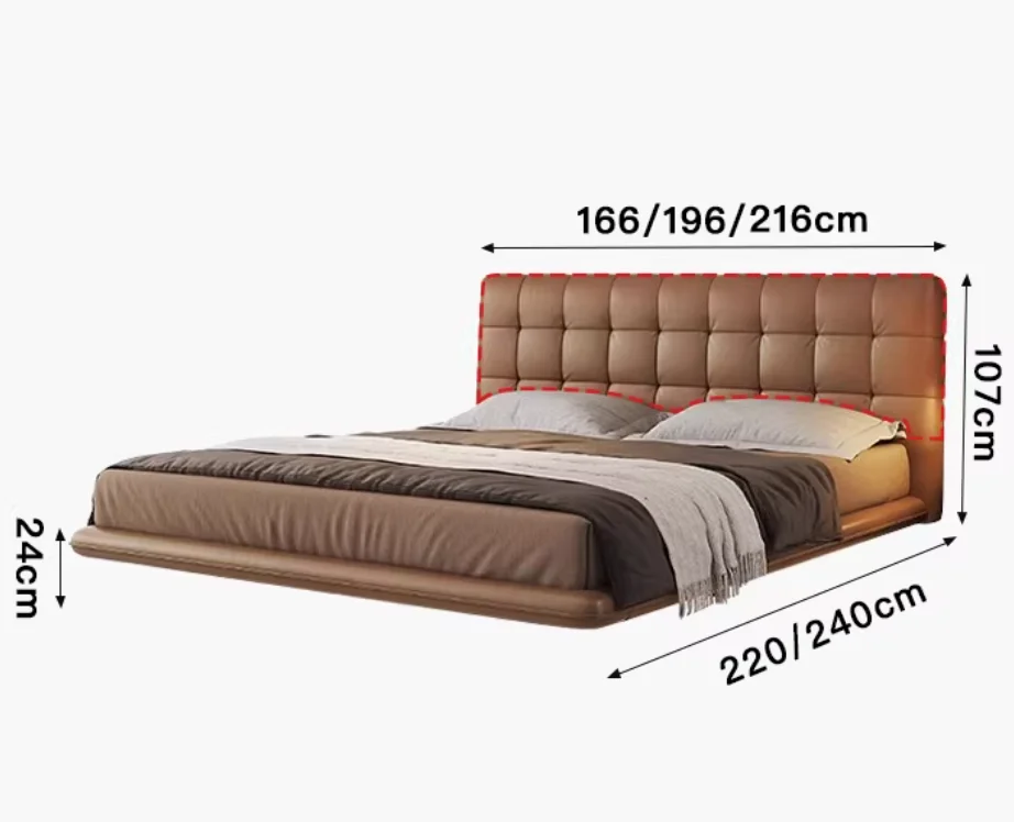 **Modern Minimalist Master Bedroom Bed High-end Large Grid Leather Bed Suspended Double Bed with Lights