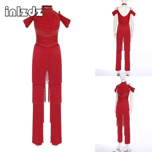Imagen 2 del producto Peleles de baile latino Samba para mujer, mono de una pieza con borlas escalonadas y diamantes de imitación con hombros descubiertos para fiesta de baile de salón Rumba
