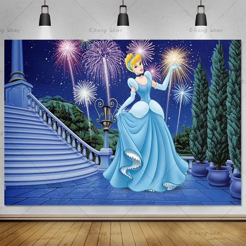 Free Customize Magic Disney Custom Cinderella White Pumpkin Wagon Blue Background Princess Girl Baby Birthday Party Backdrop