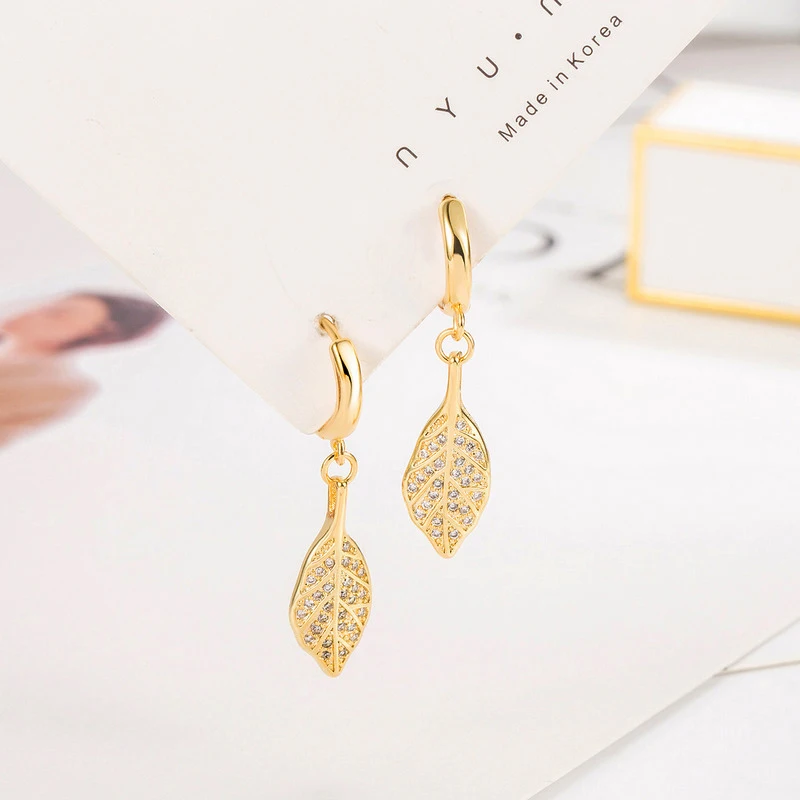 New Bohemian 925 Sterling Silver Leaf Rhinestone Pendants Hoop Earrings Women Jewelry Fine Golden Leaves Zircon Long Drop Ear