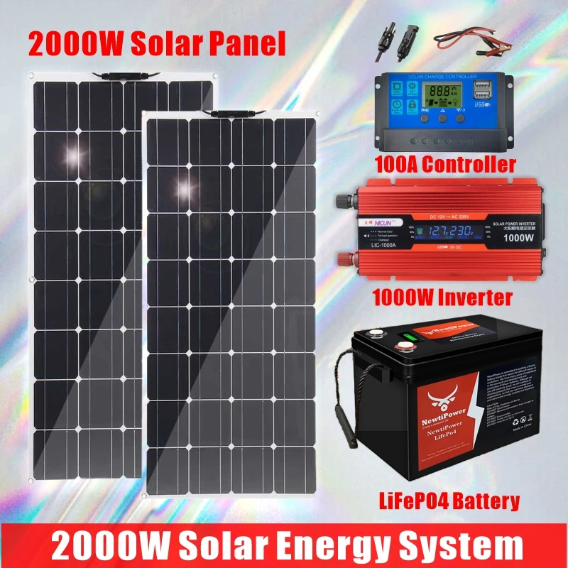 2000W Solar Panel System Kits For Home With 1000W 2000W Solar Panel 100A Charge Controller 220V Inverter 10Ah30Ah LFP Battery