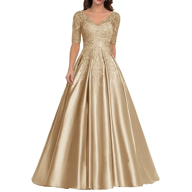 A Line Women Evening Dresses Satin Appliques V Neck Prom Party Gowns Formal Occasion robes de soirée