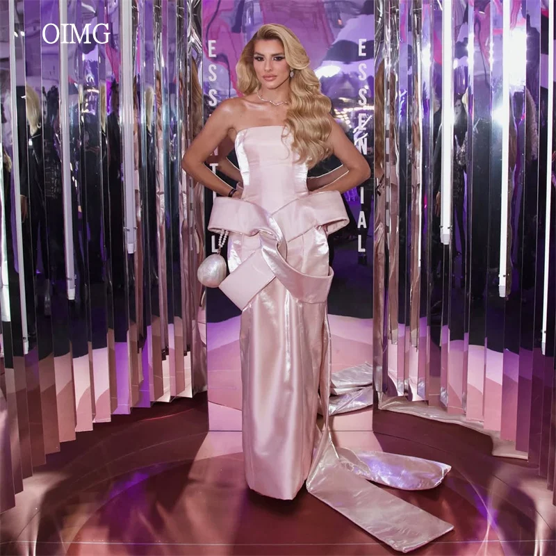 

OIMG Elegant Pink Mermaid Prom Gowns Satin Strapless Backless Formal Party Gown Floor Length Evening Dress Customized