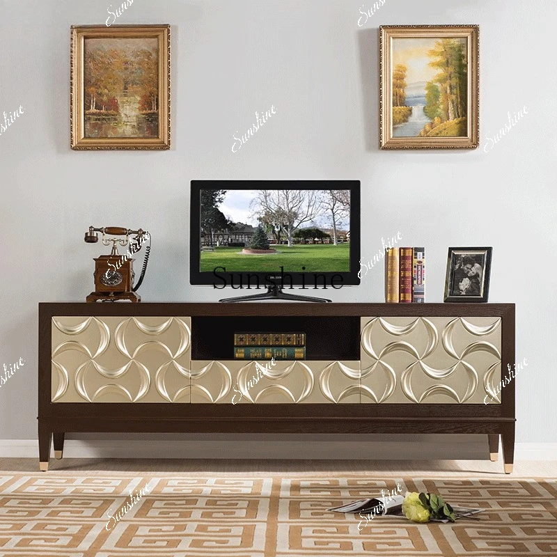 Nordic solid wood TV cabinet, small apartment living room, neoclassical carved audio-visual cabinet  FT