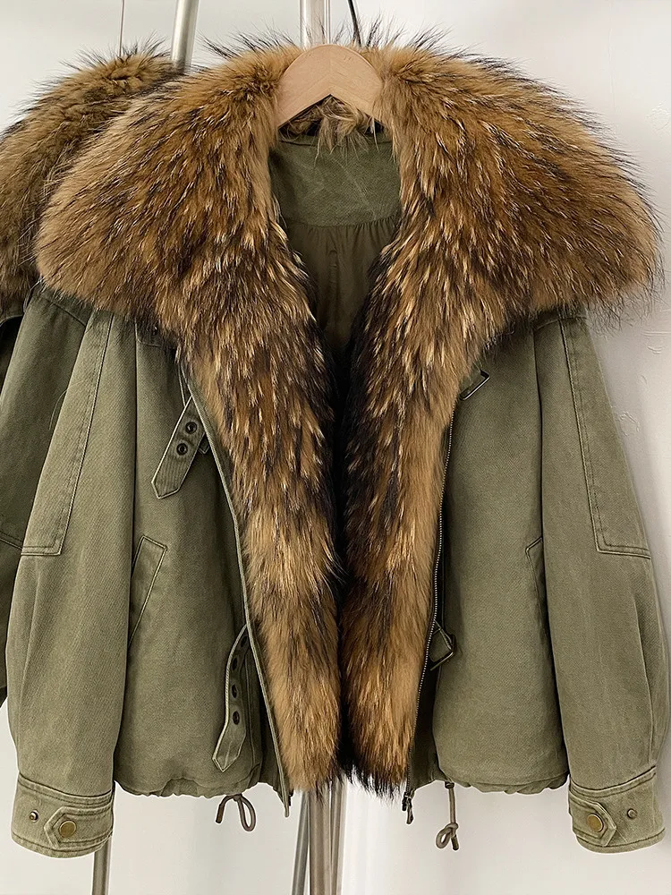 ZMEENNA Womens Short Brown Jacket With Huge Fur Collar Trim Luxurious Warm Winter Coat Loose Fit Casual Outerwear ZM4378