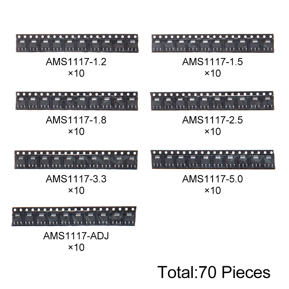 70PCS 1.8 7 Values AMS1117 Regulator Chip Kit SOT223 (1.2/1.5/1.8/2.5/3.3/5.0/ADJ) for Arduino DIY Electronic Power Supply