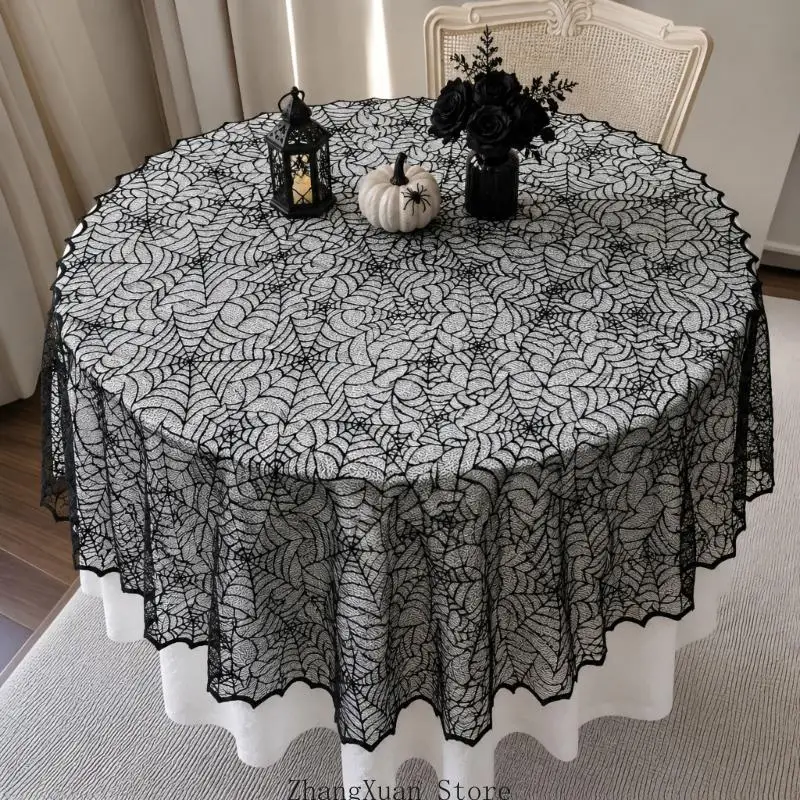 Halloween-Party-Tischdecke aus schwarzer Spitze mit Spinnennetz-Optik für runde Tische, 3 x – Detail 9