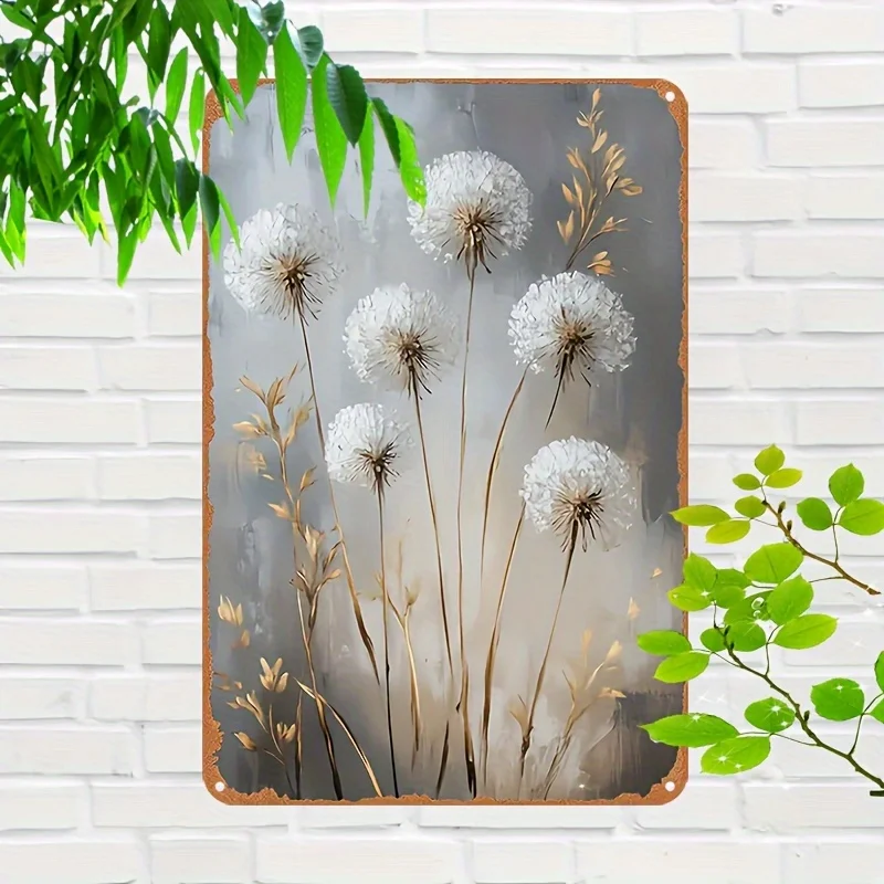 

Vintage Dandelion Metal Wall Art Sign - 12x8 Inch Rustic Aluminum Decor with Bohemian Style, Golden AccentsWhite Dandelions