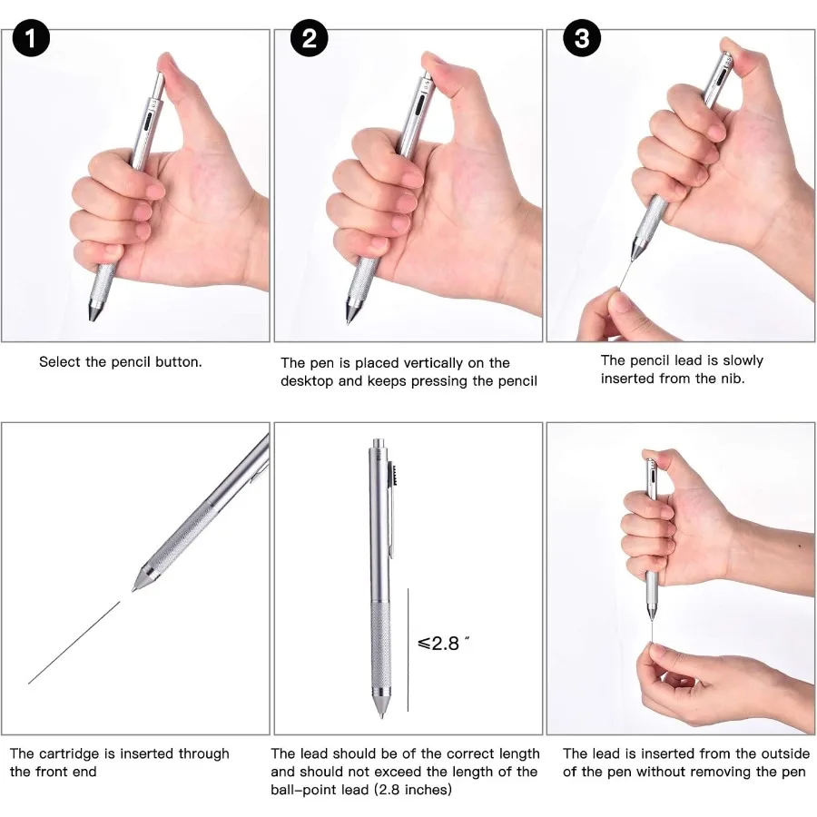 SMTTW 4-in-1 Multi-Function Refillable and Retractable Ballpoint Pen with 0.5mm Mechanical Pencil Fine Point Silver Metal Barre