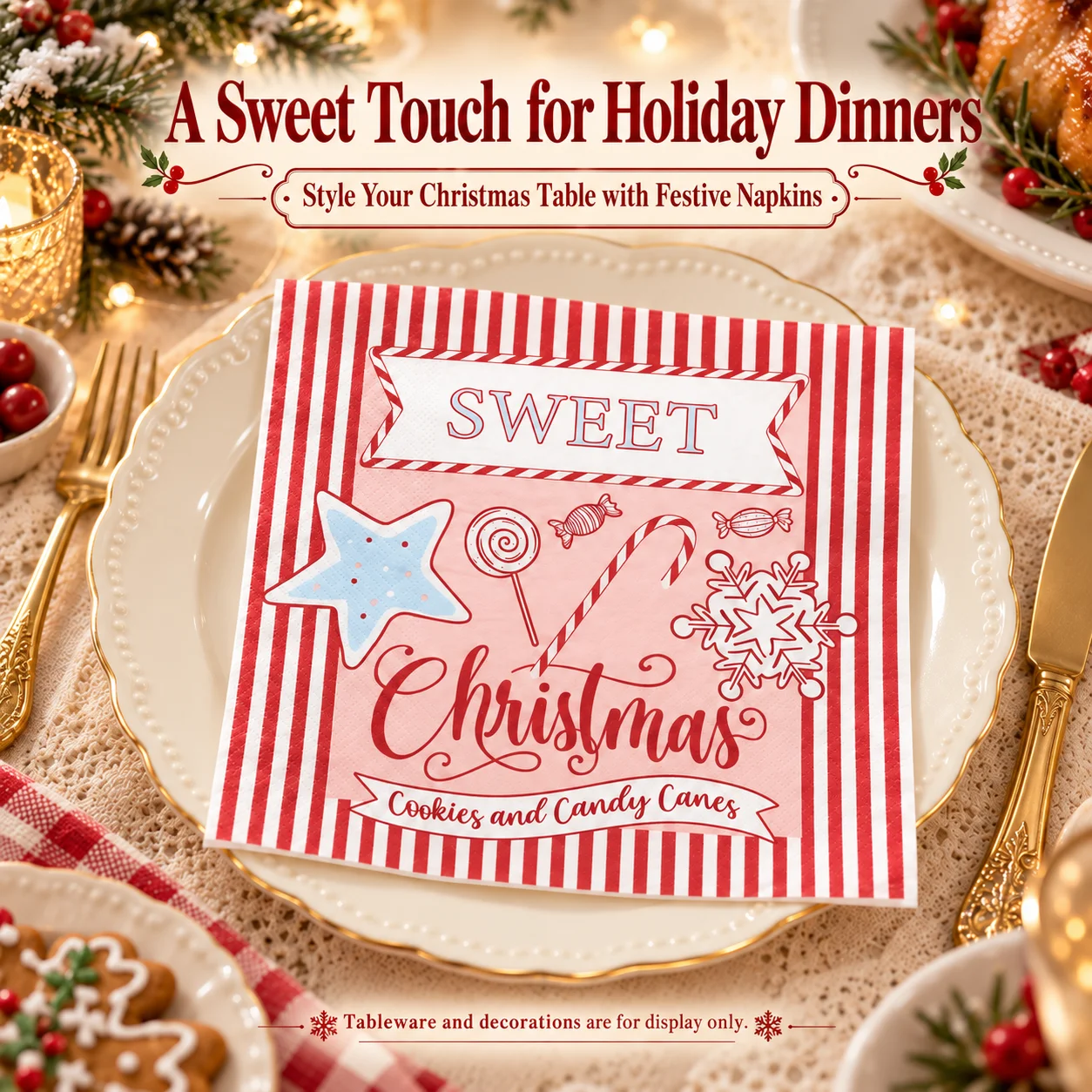 20pcs Sweet Christmas Paper Napkins 2-Ply 33x33cm Candy Cane Red White Striped Napkins for Holiday Table Decoration