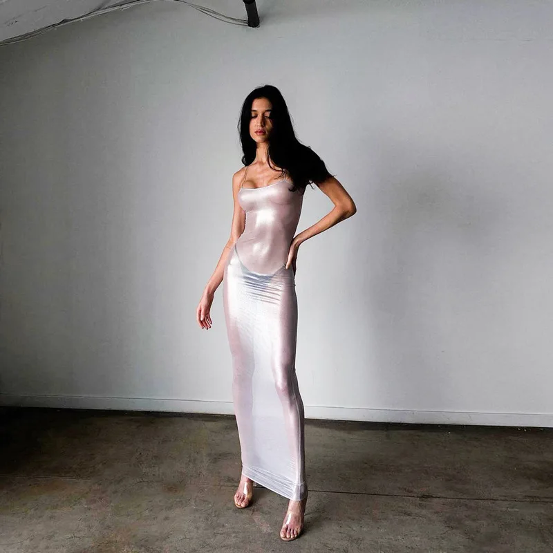 Women's Clothing 2023 Spring and Summer New Nightclub Fashion Babes Sexy See-through Net Ironing Silver Slim Suspender Dress