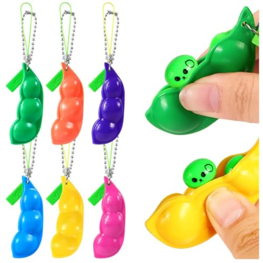 6 PCS Squeeze Bean Keychain, Edamame Pea Keychain Fidget Toys, Colorful Soybeans Fidget Toys Gifts for Adults Stress Relief, Ke